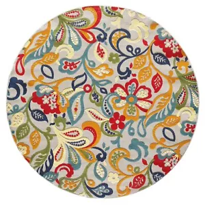 8' Round Ivory And Blue Round Floral Stain Resistant Indoor Outdoor Area Rug - Picture 1 of 3