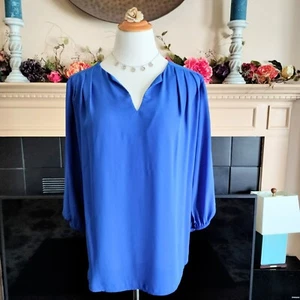 Pleione Deep Blue Blouse Top L V-Neck 3/4 Sleeve Elastic Cuffs Pleats Slipover - Picture 1 of 6