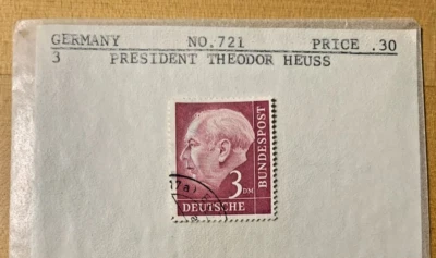 Germany 1954 Scott# 721 Used President Theordor Heuss stamp. Free shipping - Image 1 of 2