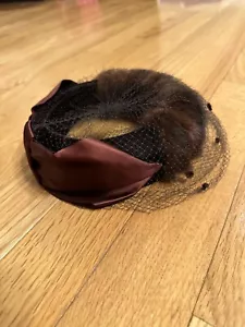 Vintage Brown Mink Satin Circle Pillbox Hat With Veil Large Burgundy Bow Church - Picture 1 of 10