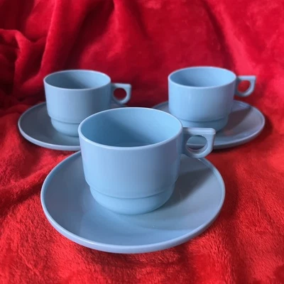 Vintage Sirram Picnic Blue Set Of 3 Cup & Saucers Camper-van 1960’s Camping - Image 1 of 4