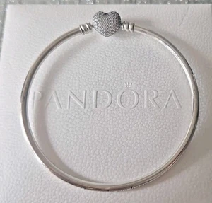 Silver Pandora Moments Pave Heart Clasp Charm Bracelet Bangle 19cm S925 BOXED - Picture 1 of 8