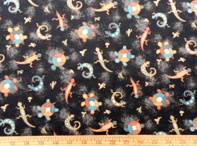 KOKOPELLI Animals Lizard Turtle on Black BTY Cotton Earth Colors Native American - Image 1 of 2