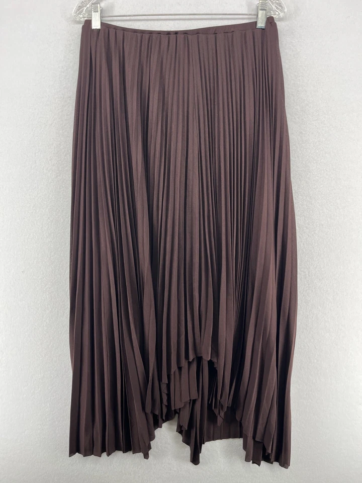 Saia ZARA L plissada bainha assimétrica cintura elástica midi swing forrado marrom - Imagem 1 de 4