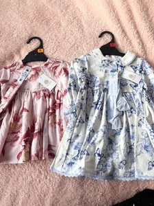 2x Toddler Girls Floral Pink & Blue Dresses NEW size 3-6months & 12-18months - Picture 1 of 10