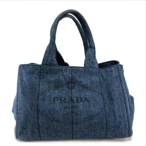 PRADA Canapa DENIM Small Tote Bag Hand Bag blue Denim B1877B - Foto 1 di 7