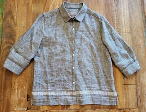 Norton McNaughton Womens Petite Med Half Sleeve Button Up Black White Linen Top - Picture 1 of 6