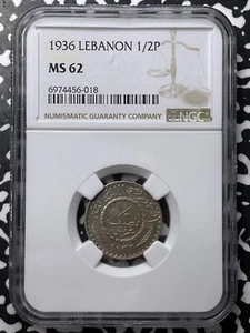1936 Lebanon 1/2 Piastre NGC MS62 Lot#G7667 Nice UNC! - Picture 1 of 3