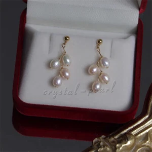 Fashion AAAA 6-7mm real natural white akoya Pearl dangle Earrings 14K GOLD - Picture 1 of 5
