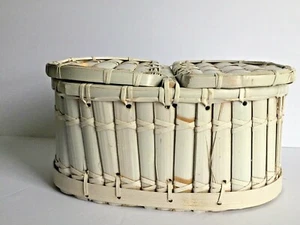 RGI HOMЕ Natural Fiber Off White Basket Double Lid Oblong Wooden 14 x 6 1/4" - Picture 1 of 11