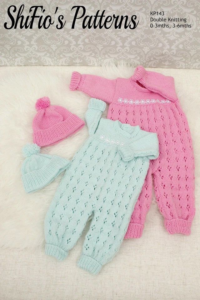 SHIFIO'S PATTERNS Modello a maglia per bambini tuta da gioco e cappello, 0-3 mesi, 3-6 mesi, DK KP143