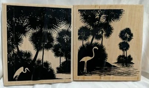 2 Huge Wood Stamps Cabana Tropical Paradise Crane Palm Trees Flamingo Birds - Picture 1 of 9