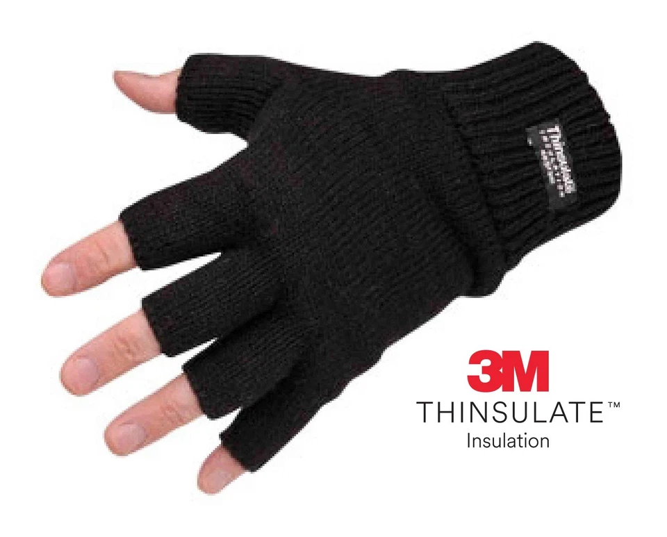 Mens Ladies THERMAL THINSULATE FINGERLESS GLOVES Knitted Wooly 3M Black UK NEW - Image 1 of 1