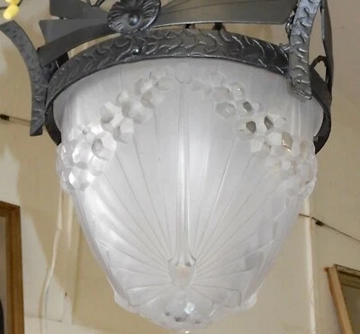 Charles Schneider Francia LÁMPARA DE CRISTAL ESMERILADO Lámpara Colgante 28" x 10" c.1920 Foto 1 de 4