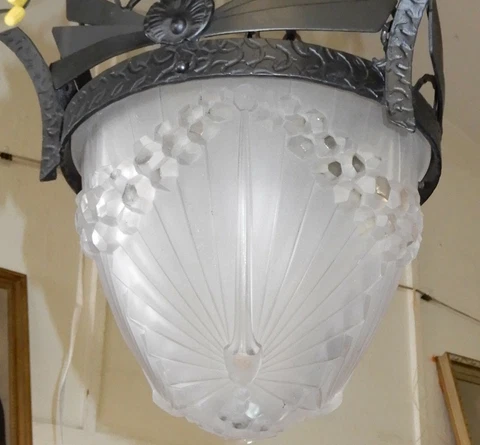 Charles Schneider France FROSTED GLASS CHANDELIER pendant light 28" x 10" c.1920 Cover