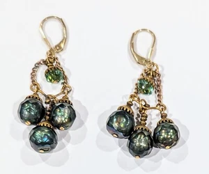 Gold Toned 2" Triple Dangle Olive Green Earrings - Picture 1 of 3
