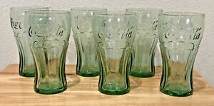 VINTAGE COCA COLA SODA LIGHT GREEN TINTED EMBOSSED LOT OF 6 DRINKING GLASSES