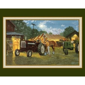 Horse Power Quilt Fabric Panel, 100% Cotton, Landscape, Tractor, Barn  45" x 36" - Picture 1 of 1
