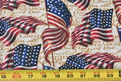 25" Long, Red White & Blue U.S. Flags on Gold Cotton, Springs, Thacker, P9679 - Image 1 of 4