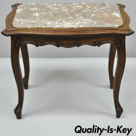 Early 20th C. French Louis XV Style Walnut Marble Top Small Side Coffee Table Cover