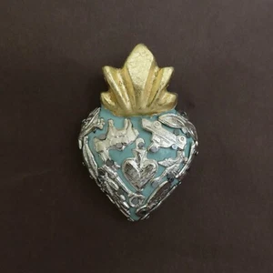 Milagros Sacred Heart Wood Painted Turquoise Gold Leaf Mexican Folk Art Wall Art - Picture 1 of 9