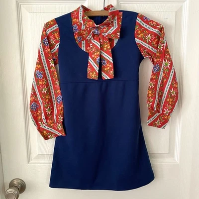 Vintage 1970s Polyester Girls Dress Brady Bunch Dress Blue Red Floral Bow Tie - Image 1 of 4