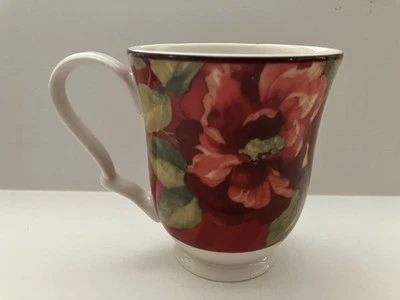 222 Fifth Belize Fine China Mug 4.25” Tall 12oz Ivory Red Floral Hummingbird EUC - Image 1 of 4