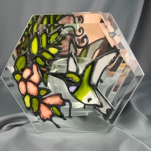 Vintage Votive Candle Holder Hummingbird Mirror Glass Floral Stained Look - Picture 1 of 7