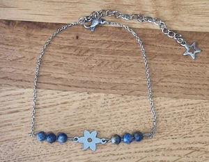 Lapis Lazuli Crystal & Flower Stainless Steel Bracelet - Wisdom, Truth, Power - Picture 1 of 12