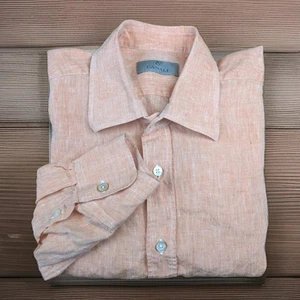Canali Linen Button Down Shirt Coral Pink Cotton Women's Medium 3/4 Sleeve - Picture 1 of 9