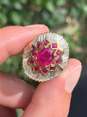 18Ct gold natural unheated Ruby 2ct diamond French large Cluster￼ Ring 10.7g - Image 1 of 4