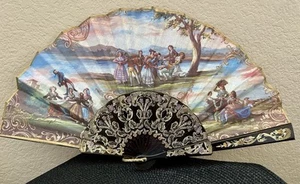 Vintage Handheld Folding Fan With Victorian Scene & Lace Trim Gold Accents EUC - Picture 1 of 8