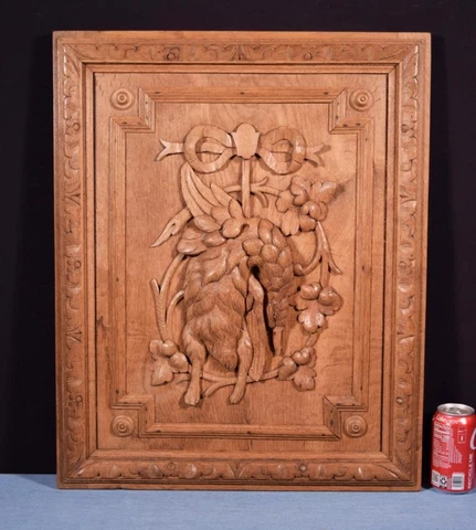 *Antique French Highly Carved Hunting Panel/Door in Solid Oak Wood with Bird Cover