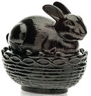 Bunny Rabbit on Basket Covered Dish - Mosser USA - Black Glass