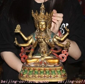 12.2" Tibetan bronze silver Gilt painted Namgyalma Ushnishavijaya Buddha statue - Picture 1 of 9