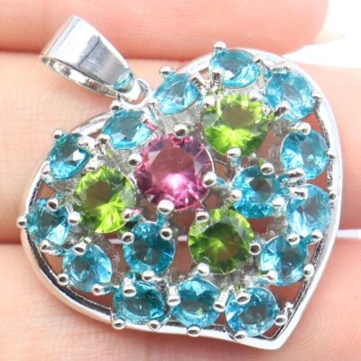 Buy 2 Get 1 Free Multi Color Tourmaline Aquamarine Peridot Women Silver Pendant - Image 1 of 2