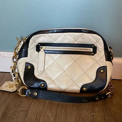 Bolso de mano de colección Y2K Max New York cuero blanco y negro cadena dorada bolso de boliche forma Foto 1 de 4