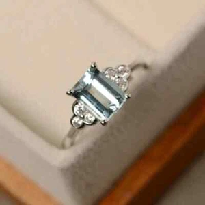 2.25Ct Emerald Cut Natural Aquamarine & Diamond Wedding Ring 14K Real White Gold - Picture 1 of 6