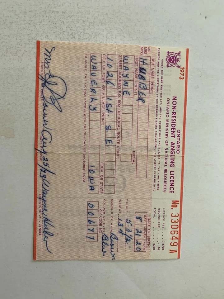 1973 Ontario Canada Non Resident Fishing Angling License - Image 1 of 2