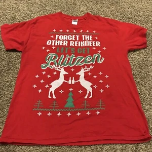 gildan mens L red t shirt xmas “ lets get blitzen” cotton a13 - Picture 1 of 3