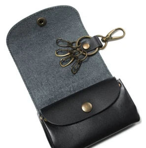 men women key holder card wallet pocket purse bag cow Leather pouch black H899 - Picture 1 of 6