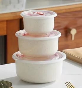 Wheat Straw Bowl Set of 3 Unbreakable Plastic Dishes Microwave Safe W/ Lids - Picture 1 of 7