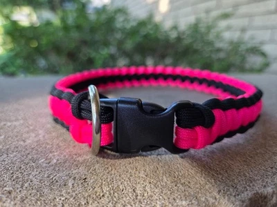 Неоновый розовый и черный собачий ошейник паракорд узел кобра 14–18 дюймов плетение ручной работы  - Изображение 1 из 4