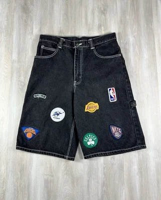 复古 NBA 贴布黑色牛仔牛仔短裤尺寸腰 32 垃圾宽松嘻哈 — 第 1/4 张图片
