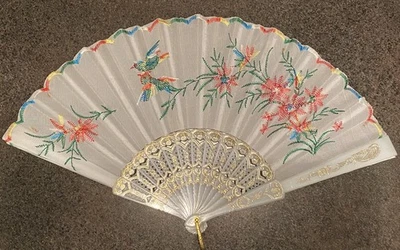 Vintage Embroidered Hand Held Fan Beautiful Stitch Design - Image 1 of 4