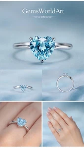 2 Ct Heart Cut Blue Diamond Ring Sterling Silver Elegant GemsWorldArt Design - Picture 1 of 4