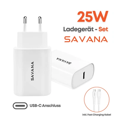 SAVANA 25W USB-C Schnellladegerät Netzteil Charger Adapter ink. 1.2m USB-C Kabel - Bild 1 von 4