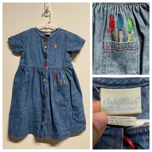 [Oshkosh Collection] Blue Denim Button Down Dress Paint Brushes Pockets Girls 5 - Picture 1 of 7