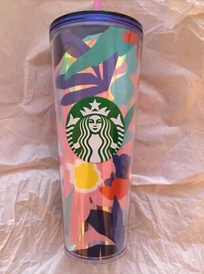 Starbucks Tropical Floral Spring 24 Oz. Tumbler with Pink Straw - Picture 1 of 2