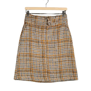 Marks & Spencer Skirt Size UK 8 Mustard Grey Tweed Woven Boucle Pockets Belted - Picture 1 of 11
